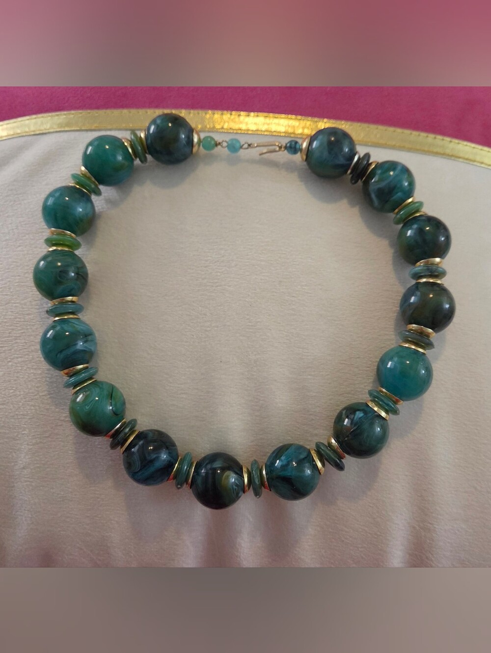 Vintage 60s Hong Kong Signed Chunky Green Marbled Acrylic Statement Necklace